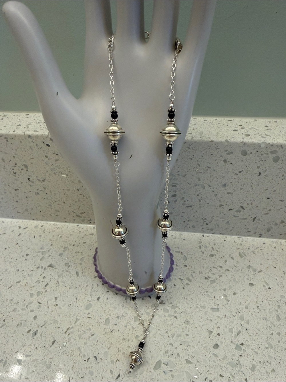 Silver-Tone Beaded Necklace with Black Accents